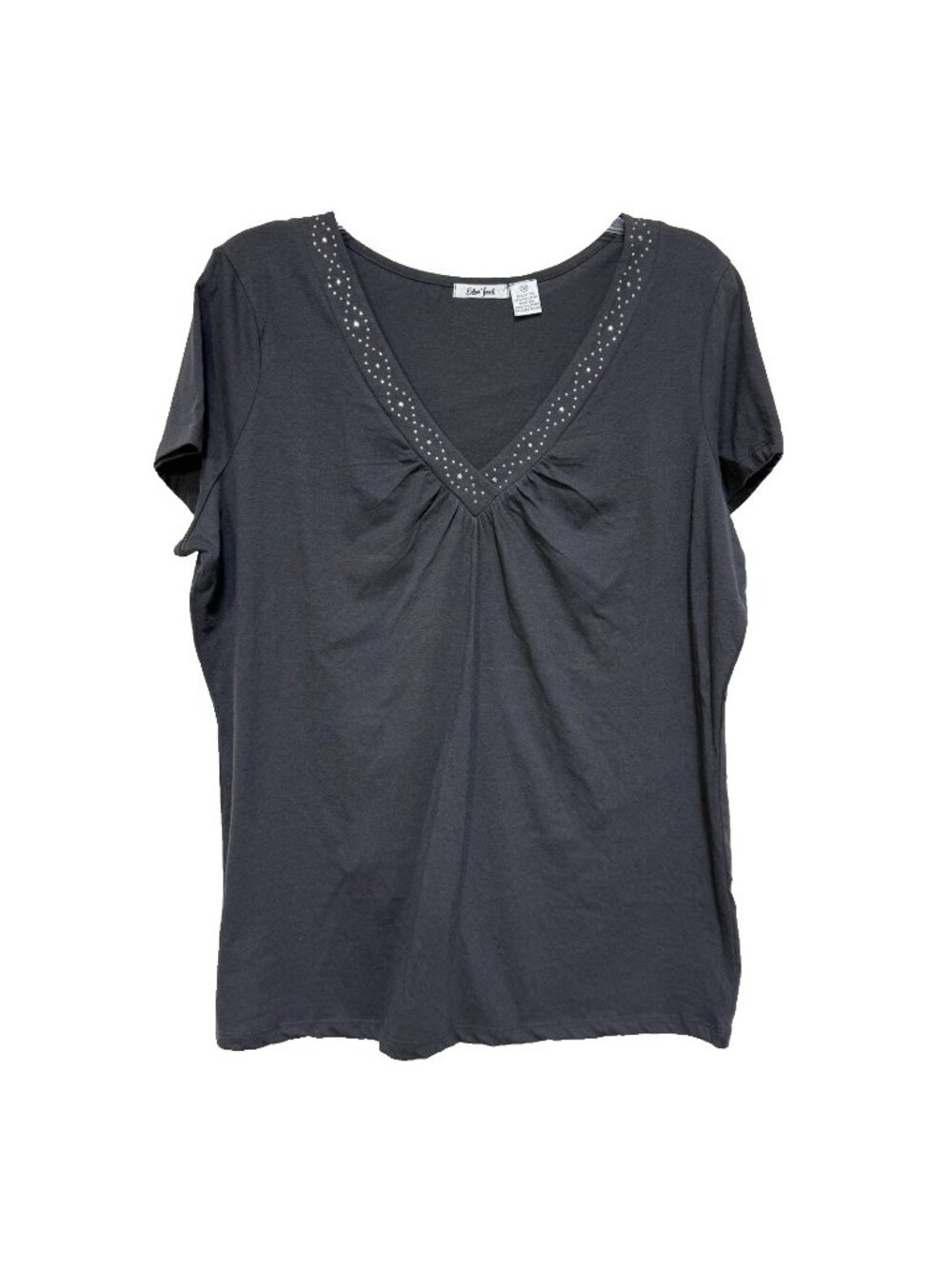 Extra Touch Womens 3X Shirt Short Sleeve V Neck Embellished Knit Top Gray Tee